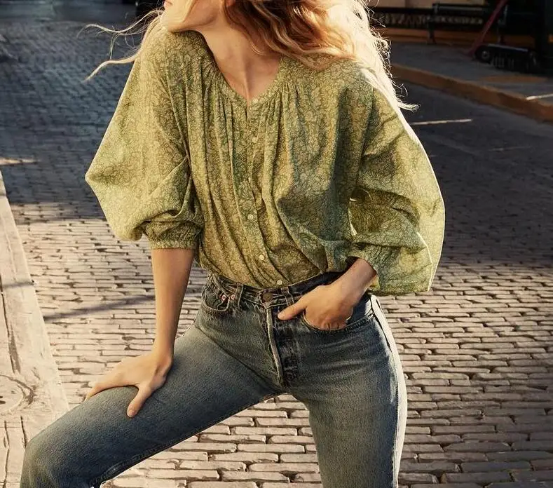 Зеленая рубашка с цветочным принтом круглый вырез большие Топы длинные рукава