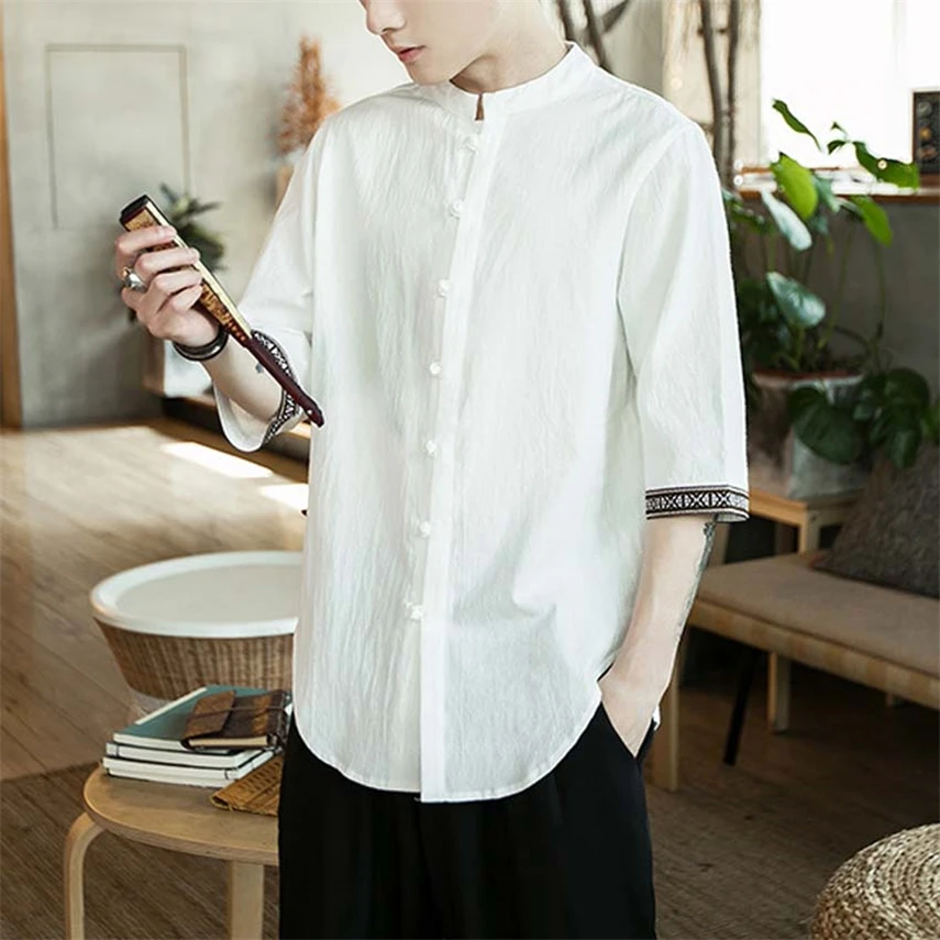 Рубашки в китайском стиле для мужчин льняная туника с рукавом до локтя
