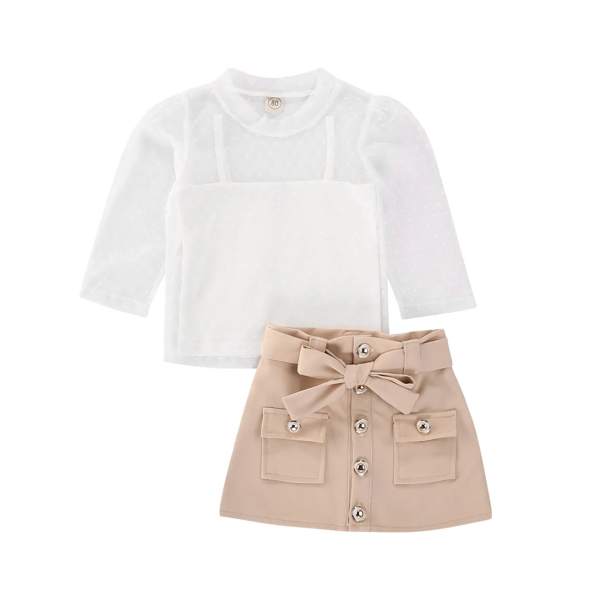

2020 Toddler Baby Girl Clothes Dot Lace See Through Blouse+white Solid Vest+bow Pockets Skirt Kids Summer Autumn Set 0-4 Years