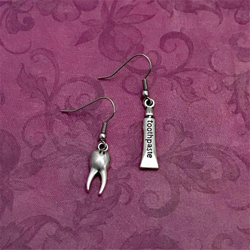 

Dental Dentist Mismatched Earrings, Toothbrush and Tooth Earrings, Antique Silver Color Earrings