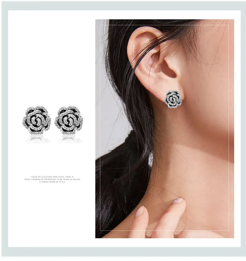 

New Classic Rose Camellia CZ Black Stereoscopic Petals Earrings Holiday Ladies Gifts Elegant Woman Earrings