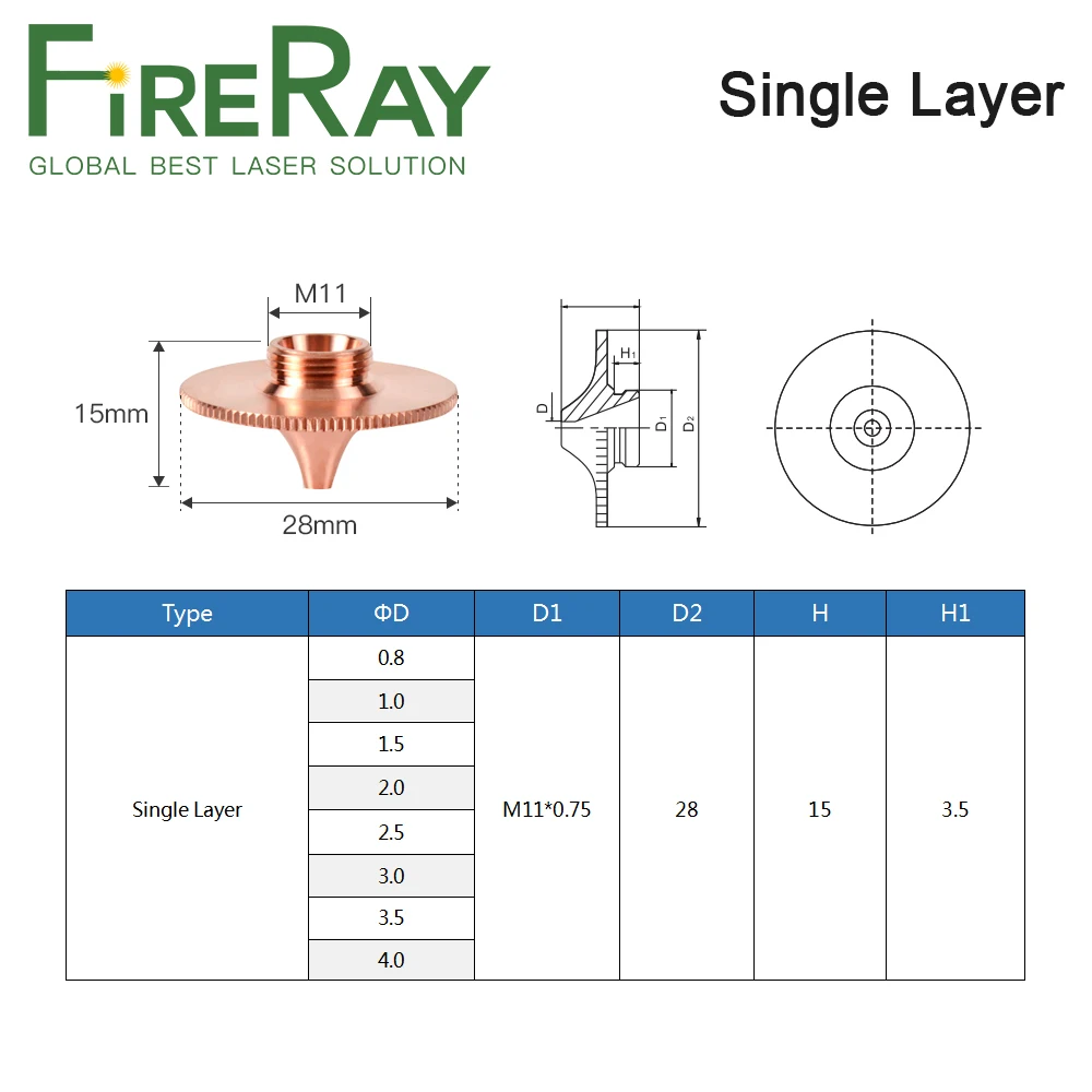 Лазерное сопло FireRay диаметром 28 мм однослойное калибр 0 8-6 для режущей головки