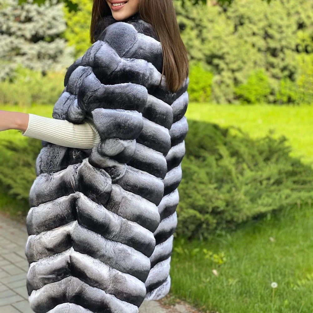 2022 Winter New Real Rex Rabbit Fur Coat Long Length Fashion Women Natural Rex Rabbit Fur Coat Stand Collar Luxury Fur Overcoat