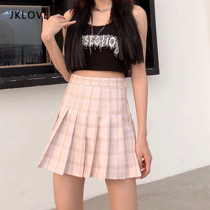 

High Waist Plaid Skirt Jk Skirts School Girl 2021 Uniform A-line Short Skirt White Rose Red Mori Girl Teen Cute Dress Cloths