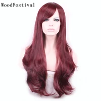 woodfestival synthetic wig with bangs wavy female cosplay colored wigs for women long hair black burgundy dark brown pink red