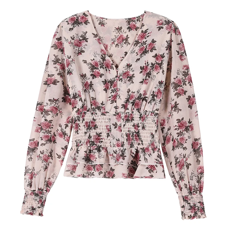 

2021 Casual Print V Neck Women Shirt Autumn Lantern Long Sleeve Floral Chiffon Women Blouse Pullover Tops Blusas Mujer 10585