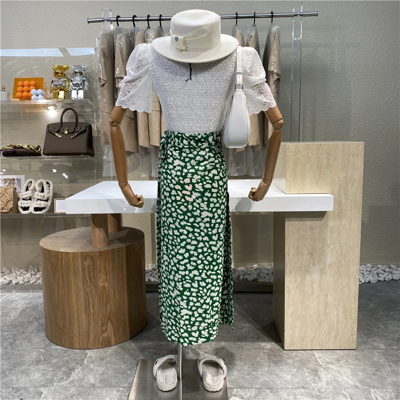 

2021 Summer Green High Waist Slim Skirt for Women Sweet Floral Long Casual Skirt Female Versatile Split A Line Skirt