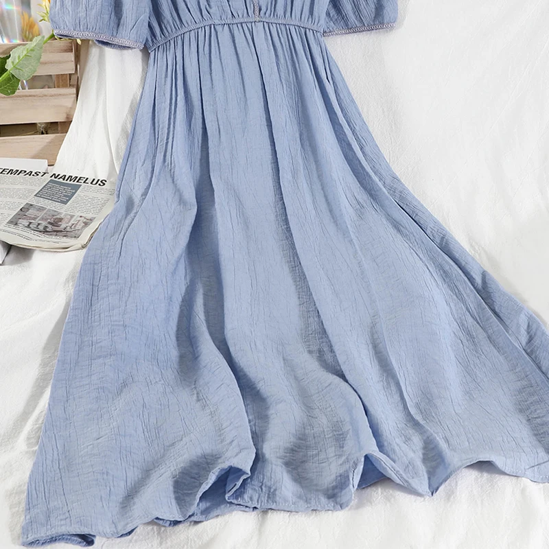 

FTLZZ New Summer A Line V Neck Single Breasted High Waist Mid-Calf Women Dresses Casual Solid Sweet Dress