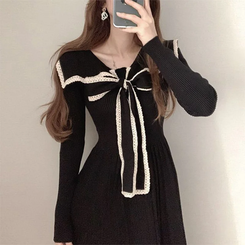 

Elegant Chic Sailor Collar Knitted Women Dress Lace Patchwork Bowknot Drawstring Pleated Dresses Lady Sweet High Waist Vestidos