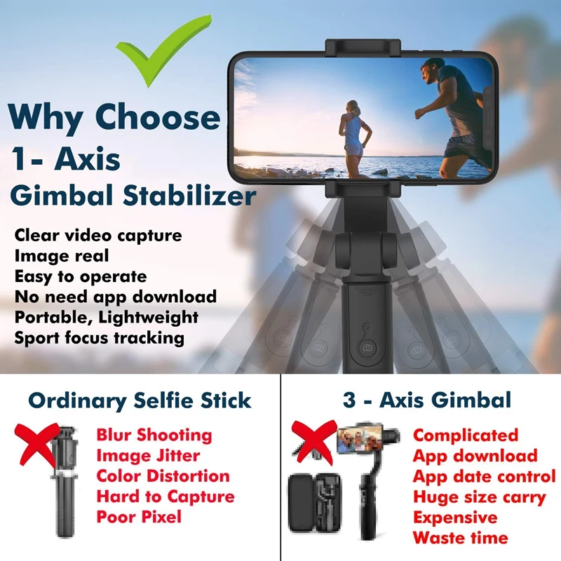 

1-Axis Handheld Gimbal Stabilizer for Smartphone, Time-Lapse Object Tracking, Pan-Tilt Tripod with Built-In Bluetooth Remote