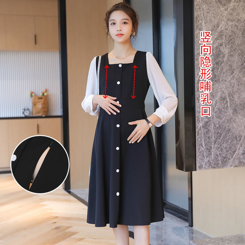 8110 # осеннее корейское модное лоскутное платье для кормящих матерей тонкая