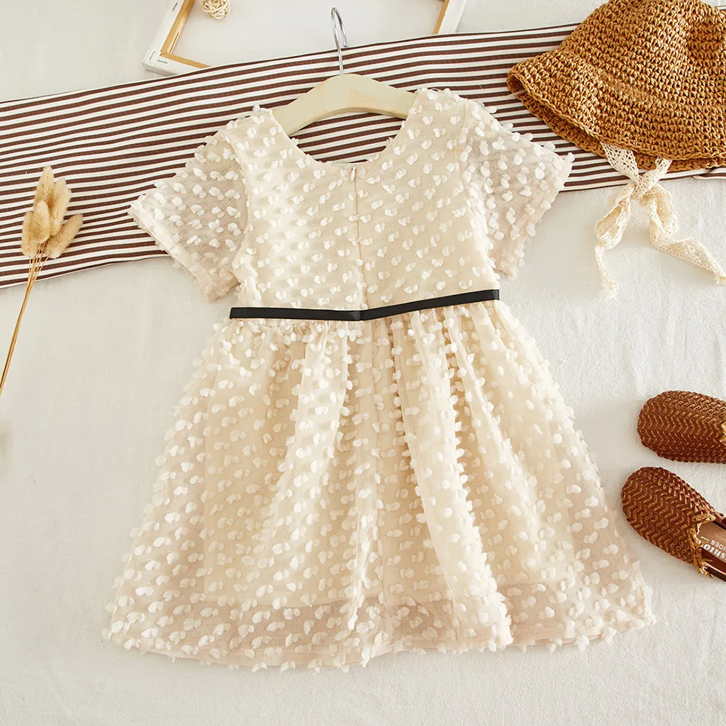 Детское платье для девочек с коротким рукавом и вышитым мехом кружевное бантом