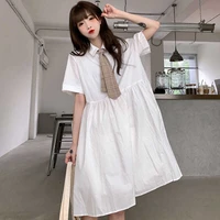 2021 summer new style japanese college style dress female new style short sleeved loose large size mid length shirt skirt