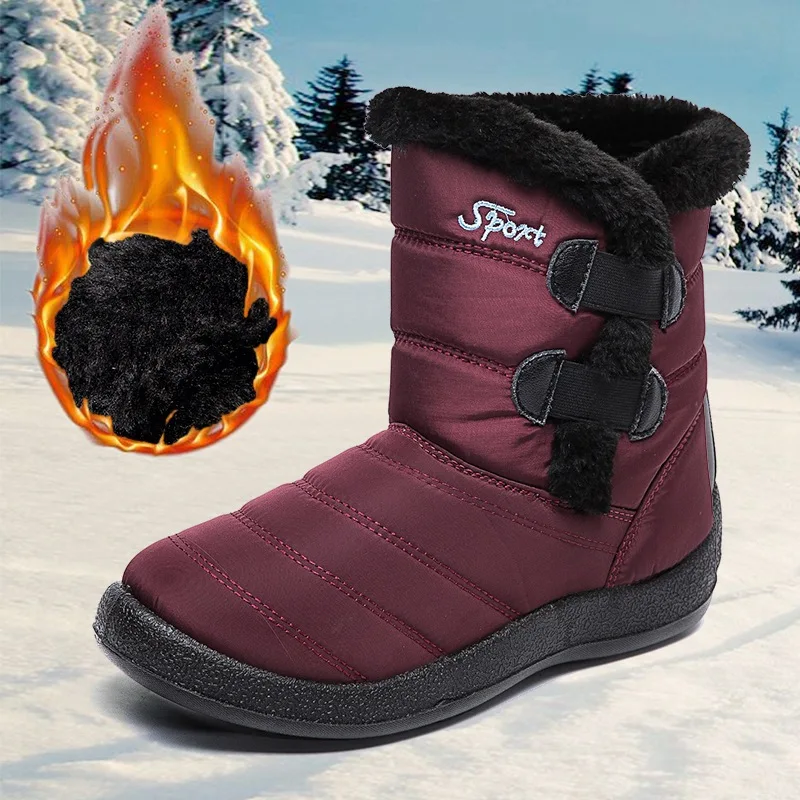 Women boots 2022 winter waterproof snow warm plush solid casual women shoes slip-on flat ankle plus size | Обувь