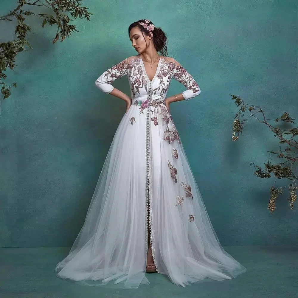 Кафтан мусульманский Вечерние платья с пышной юбкой из тюля аппликации