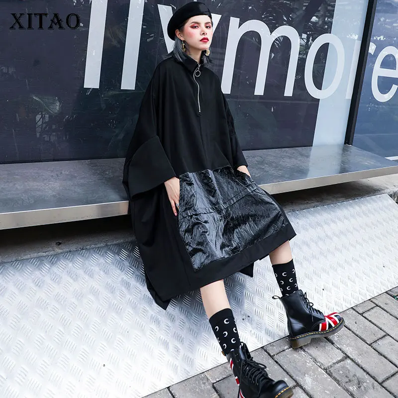 XITAO/платье с завышенной талией асимметричное женское плюс размер карманом