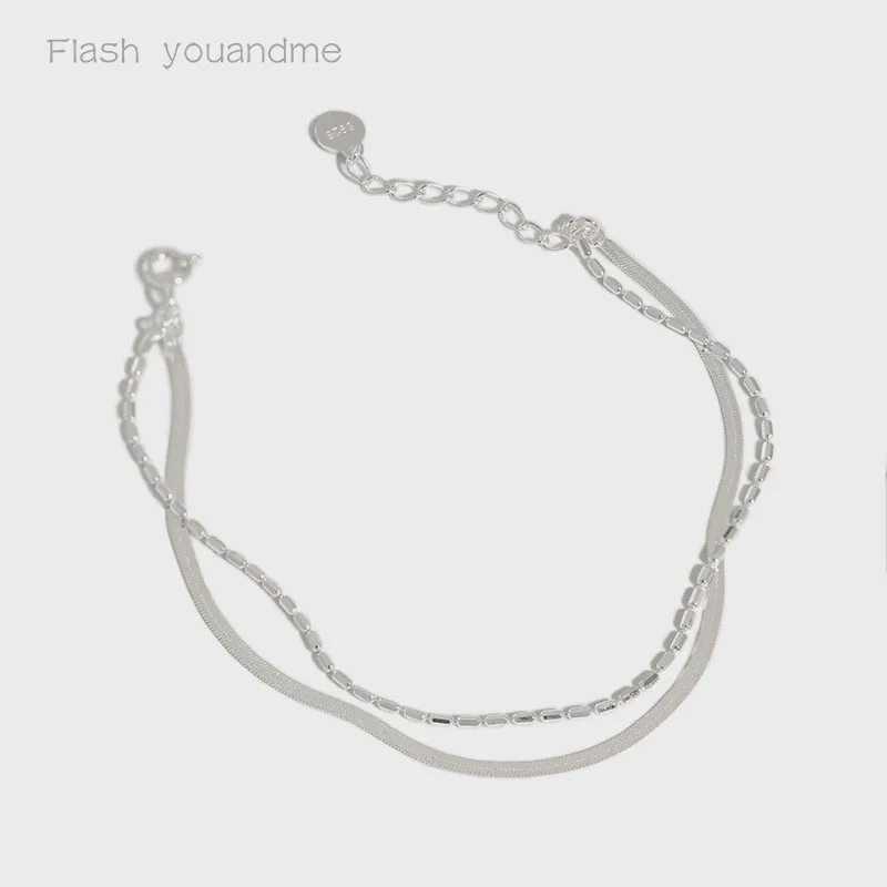 

S925 Sterling Silver Ankle Bracelet Ladies Minimalist Double Layer Silver Snake Chains for Women Decoration Fine Jewelry