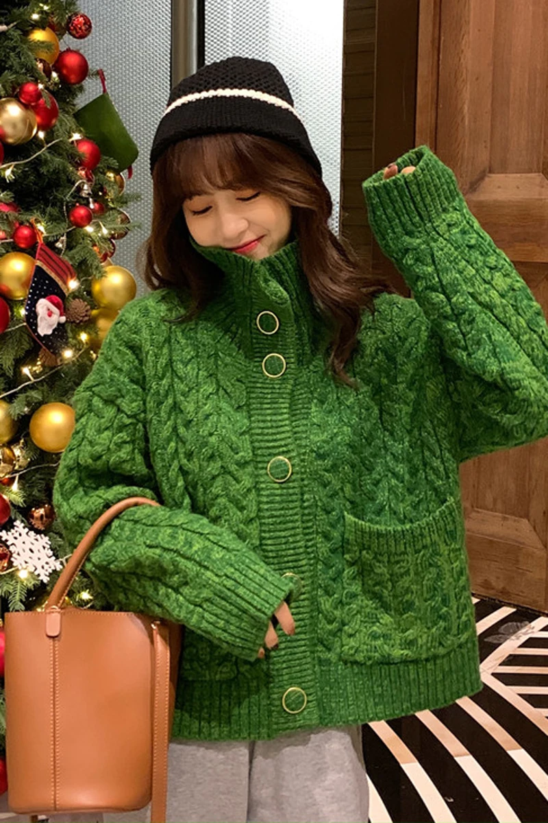 

2021 spring and autumn new Korean version of the high-neck lazy style thin top all-match thick knitted sweater jacket