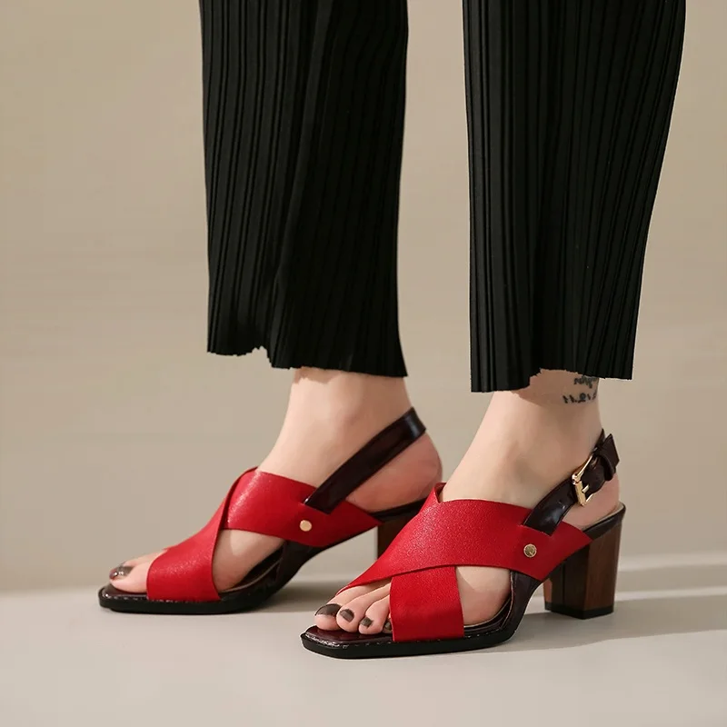 

Plus Size 34-42 Women Sandals Thick High Heels Square Toe Ladies Dress Shoes Genuine Leather Summer Shoes Woman