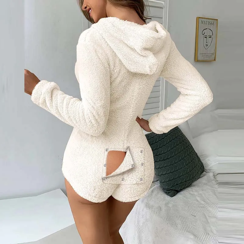 

Spring fluffy velvet home service women's zipper one piece jumpsuit pure function button flap adult pajamas fashion wild trend