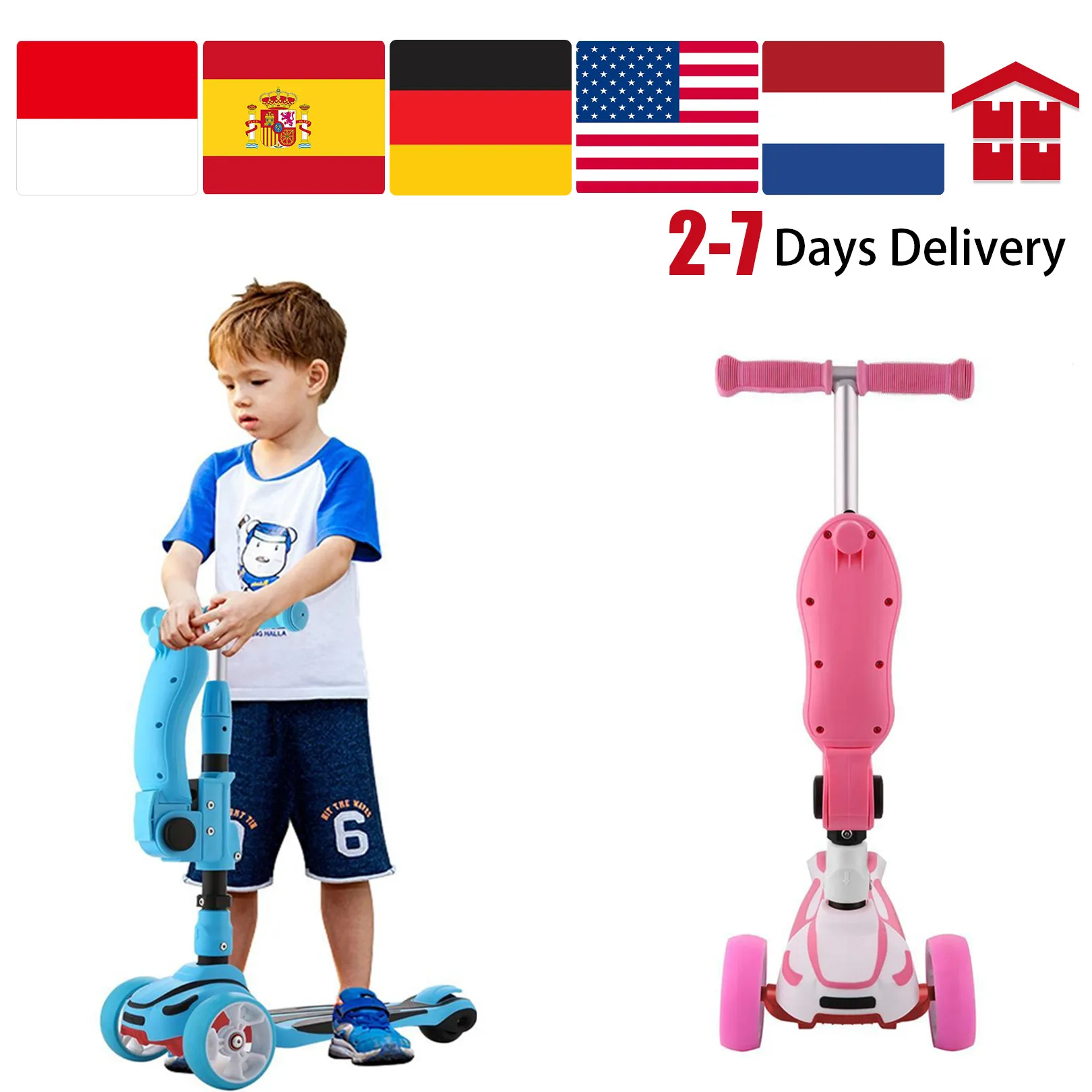 Age Range: 3~8 Years old Kids Adjustable Height Kick Scooter With Folding Seat Flashing Wheels Wide Deck