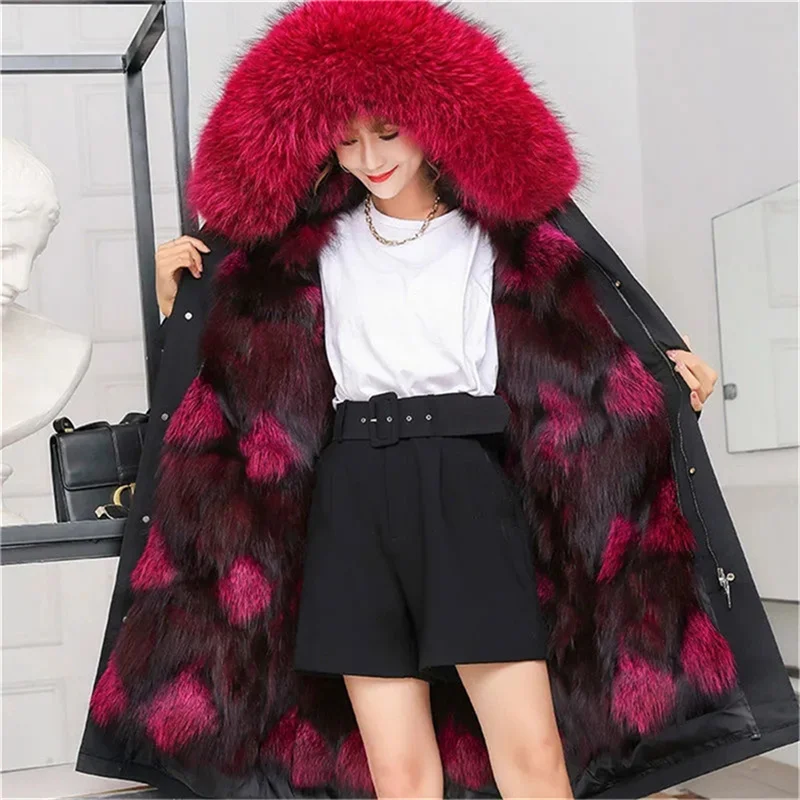 M-5XL Haining 2023 New Parkas Female Fox Hair Mid-Length Detachable Liner Imitation Fur Coat Women Warm Outer Wear Street Black