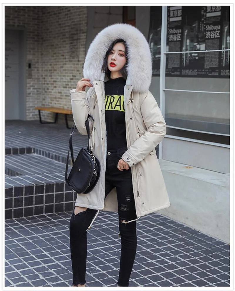 Abrigos Mujer Invierno2019 Длинная женская парка с меховым воротником Повседневная хлопковая стеганая куртка из овечьей шерсти женская верхняя одежда, парки R258