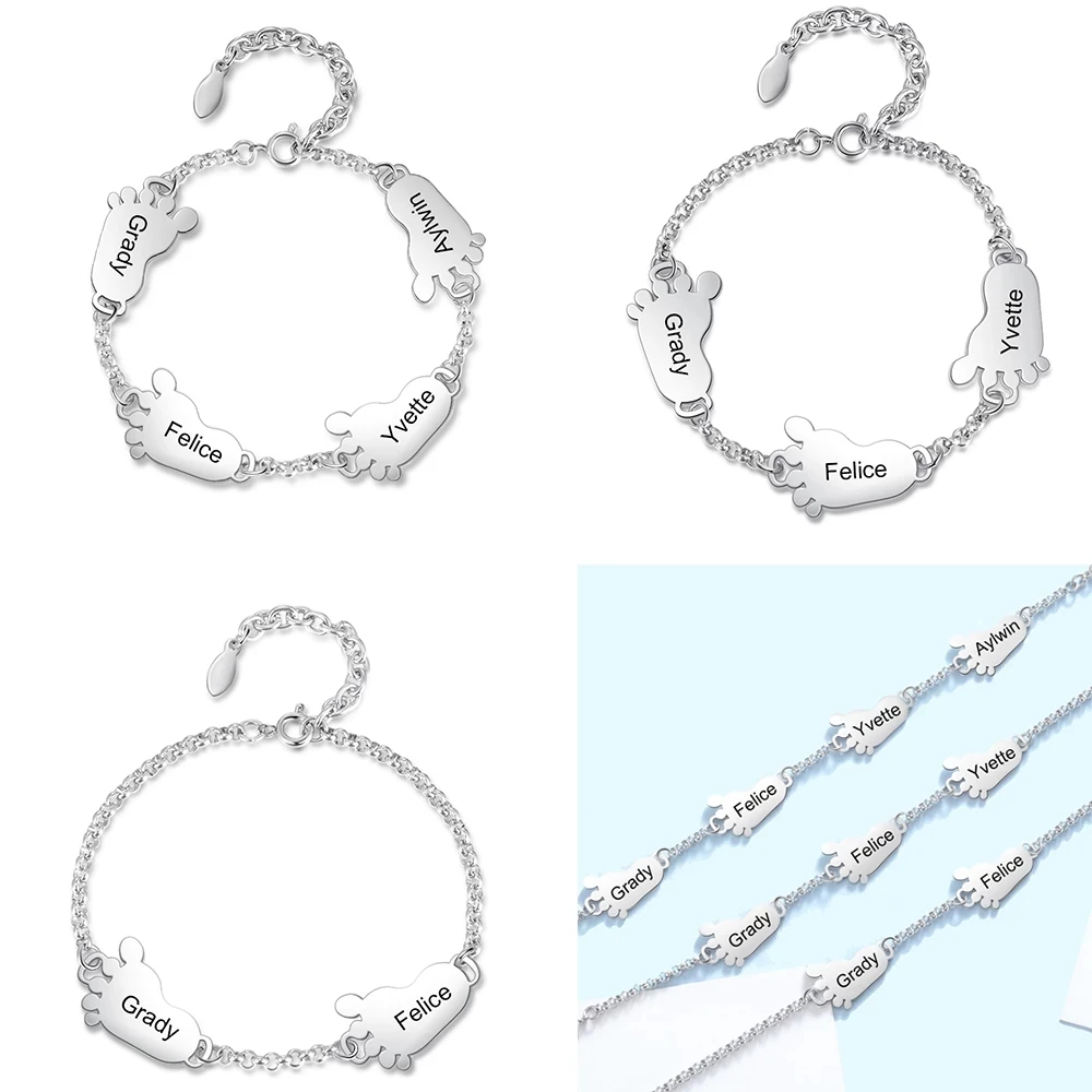 Custom Feet Name Bracelet Engraved Names Symbols Date Round Stainless Steel Adjustable Letter Bangle For Women Mom Kids Gifts