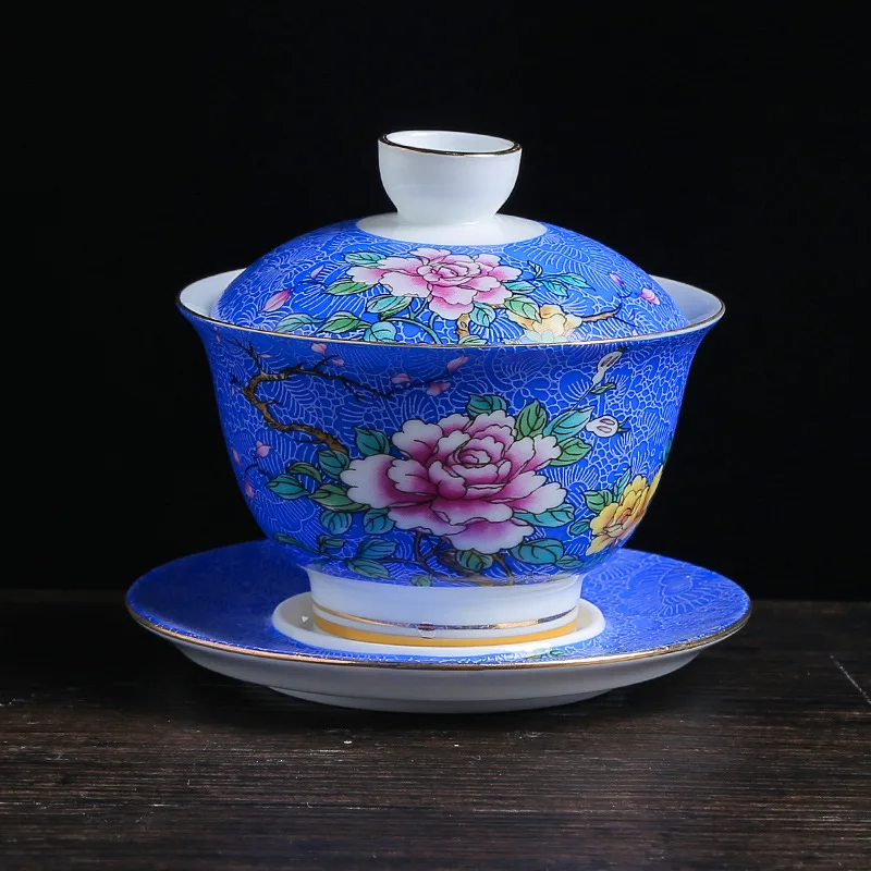 Purplish blue Керамическая эмалированная цветная чайная чаша Gaiwan в китайском стиле Sancai, набор чайных чашек и блюдца, 150 мл, бытовой чайник - Цвет: Purplish blue