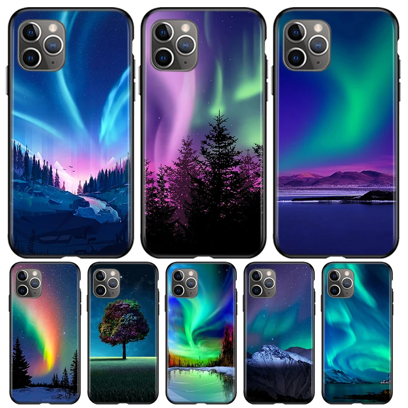 

Northern Lights Sky For Apple iPhone 12 11 Pro Max mini XS Max XR X 8 7 6 6S Plus 5S SE 2020 Soft Black Phone Case