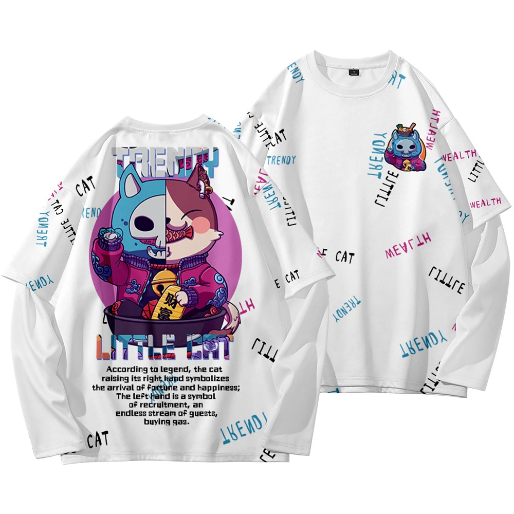 

Harajuku Fake Two Pieces T shirt Streetwear Little Cat Print Men Long Sleeve Women Hip Hop Tops Casual Loose Tshirt oversized