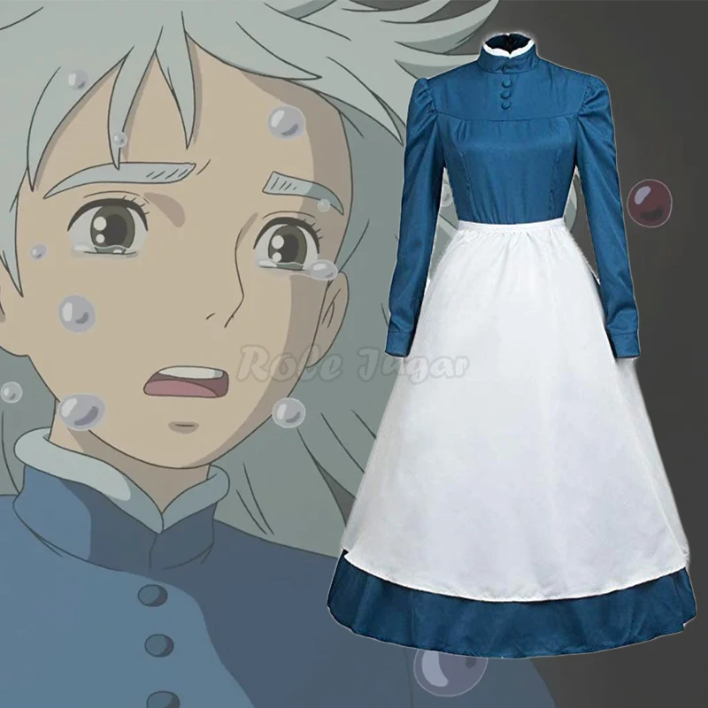 

Japan Anime Movies Howl's Moving Castle Cosplay Sophie Maid Dress Halloween Party Women Long Sleeve Blue Dress Role Play C78M286