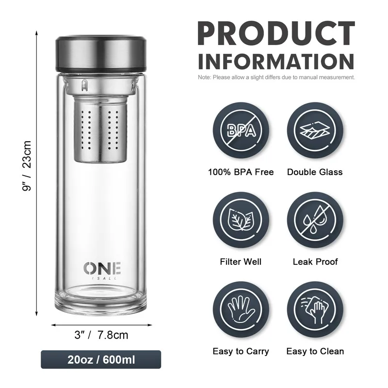 

ONEISALL Glass Water Bottle Double Walled Travel Mug with Removable Stainless Steel Infuser Borosilicate Glass Tea Pot 600ML