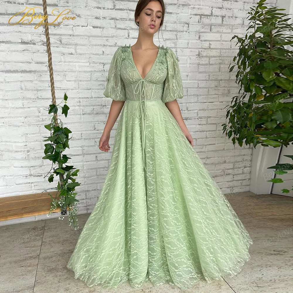 

Elegant Green Evening Dress Long Lace Lantern Sleeve Prom Dress Girl Christmas Party Dress Formal Gowns A Line robe de soiree