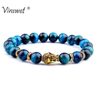 fashion natural aaa royal blue tiger eye stone beads bracelet men buddha charm bracelets stretch pulsera women jewelry