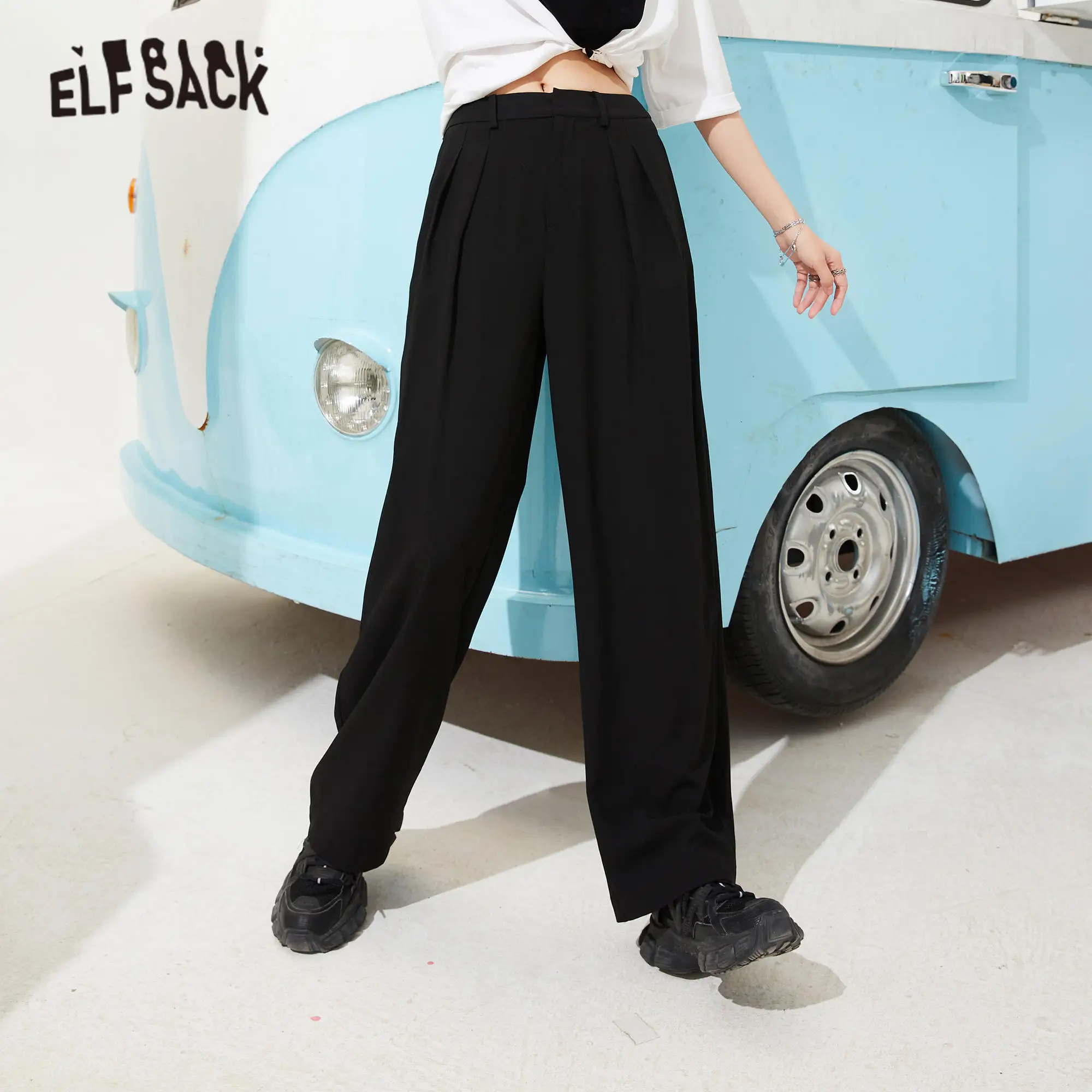 ELFSACK Solid Pure High Waist Straight Casual Women Pants 2021 Summer Minimalist Korean Ladies Daily Basic Trouser