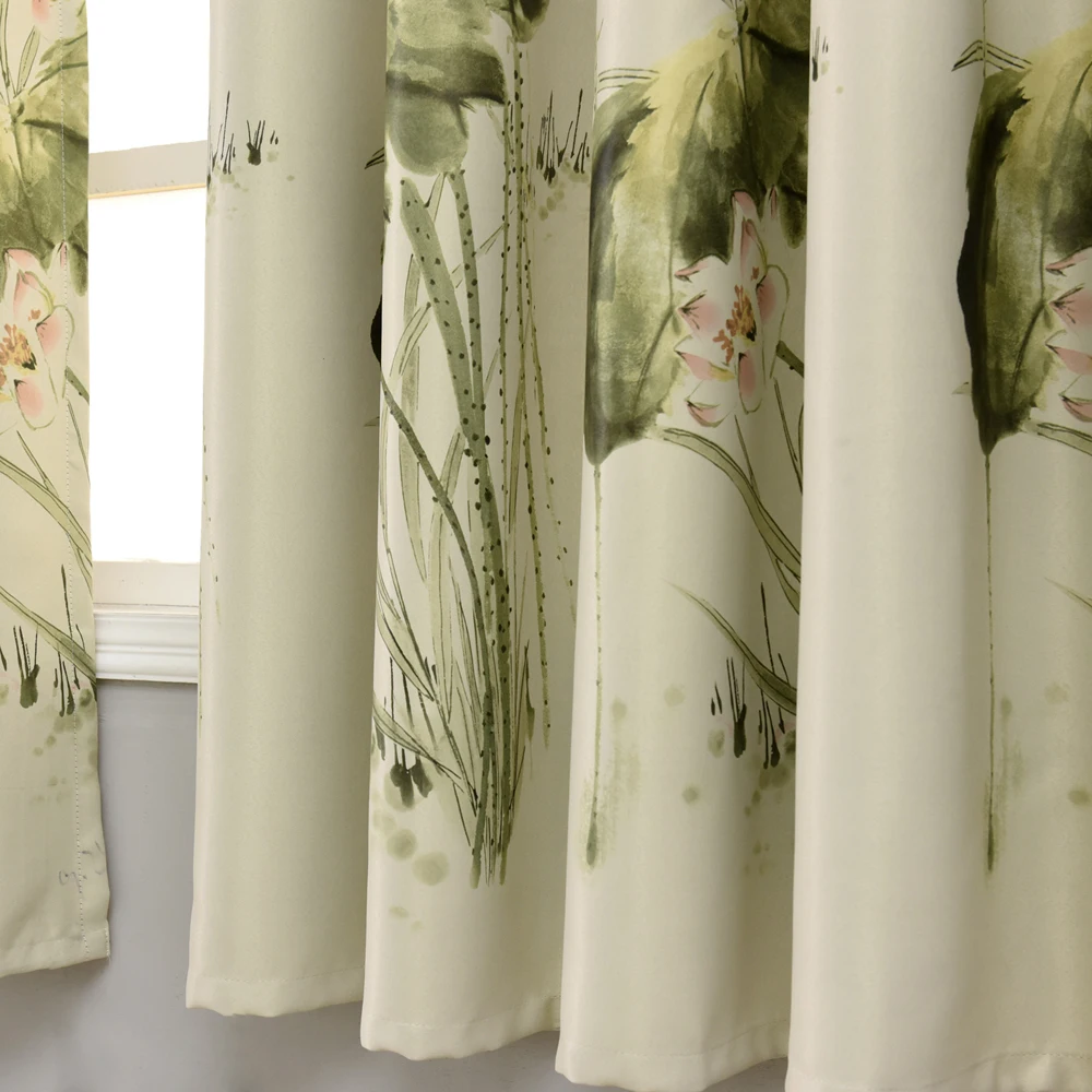 Короткие занавески с зелеными листьями лотоса W100xL200cm для детской комнаты