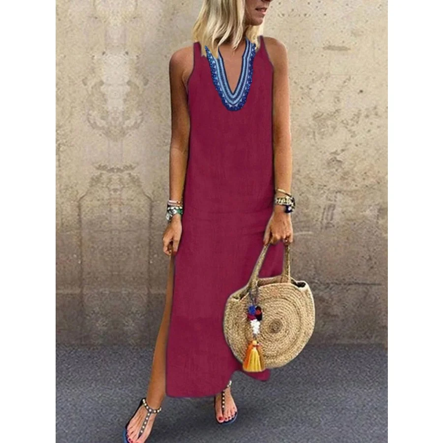 

Женское длинное платье без рукавов с V-образным вырезом