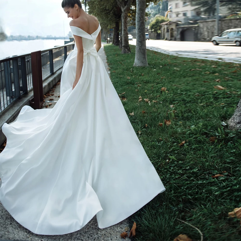 

Vestidos Charming Wedding Dresses Satin Pleat Bows Sweetheart Off-Shoulder Zipper A-Line Bridal Gowns