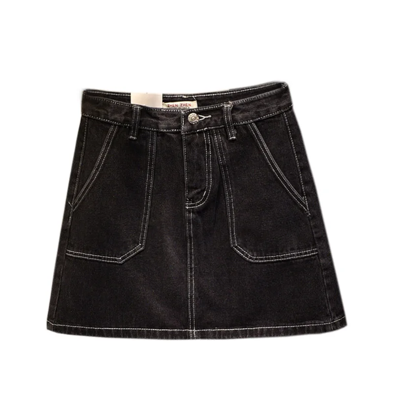 Черные джинсовые юбки трапециевидной формы с большим карманом на молнии женские
