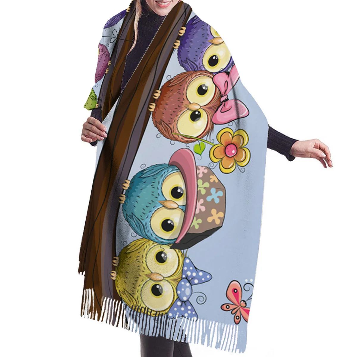 Женский шарф на весну и зиму теплый кашемировый с изображением совы шарфа ветки