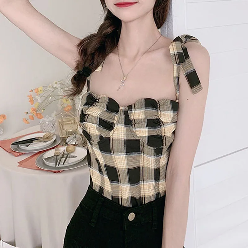 

2021 летние пикантные клетчатые короткий топ с принтом плиссированные женские лук тонкий жилет в Корейском стиле женская обувь с низким выре...