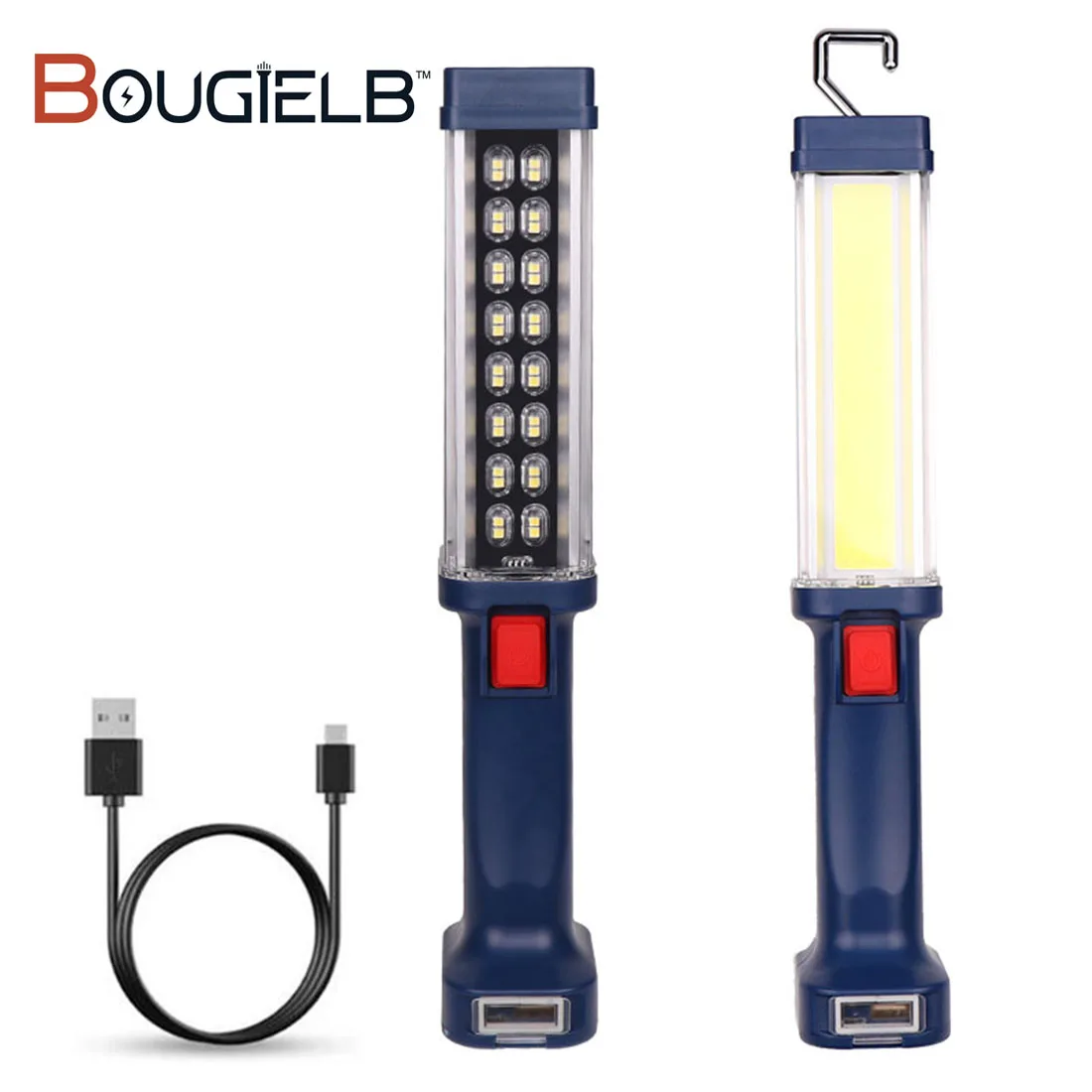 

USB Rechargeable LED COB Flashlight Inspection Work Light Magnetic Hanging Hook Lamp Car Repairing Torch Power Bank Lantern