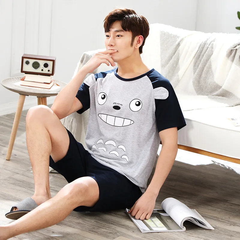 Newest Men's Pajamas Set Plus Size L-4XL Summer Striped Sleepwear Men's Short Sleeve Nightwear Short Top Pant Leisure Outwear