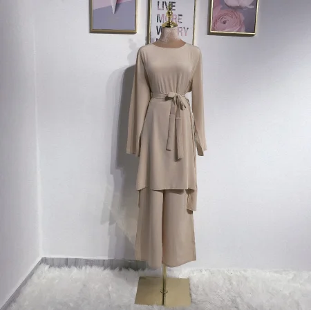 beige Мусульманский Топ ансамбль женский 2 шт наборы Pantalon ОАЭ абайя костюмы кимоно длинный катфан Ближний Восток Рамадан Арабский исламский одежда - Цвет: beige