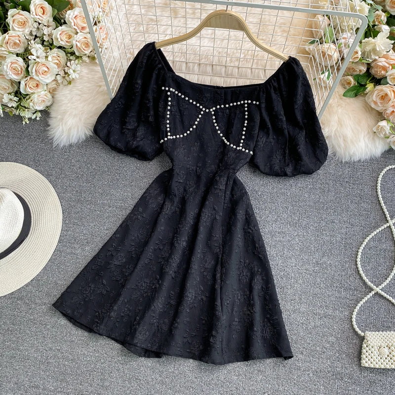 

Женское жаккардовое платье с коротким рукавом, элегантное офисное черное праздвечерние чное платье с высокой талией, квадратным вырезом и ...