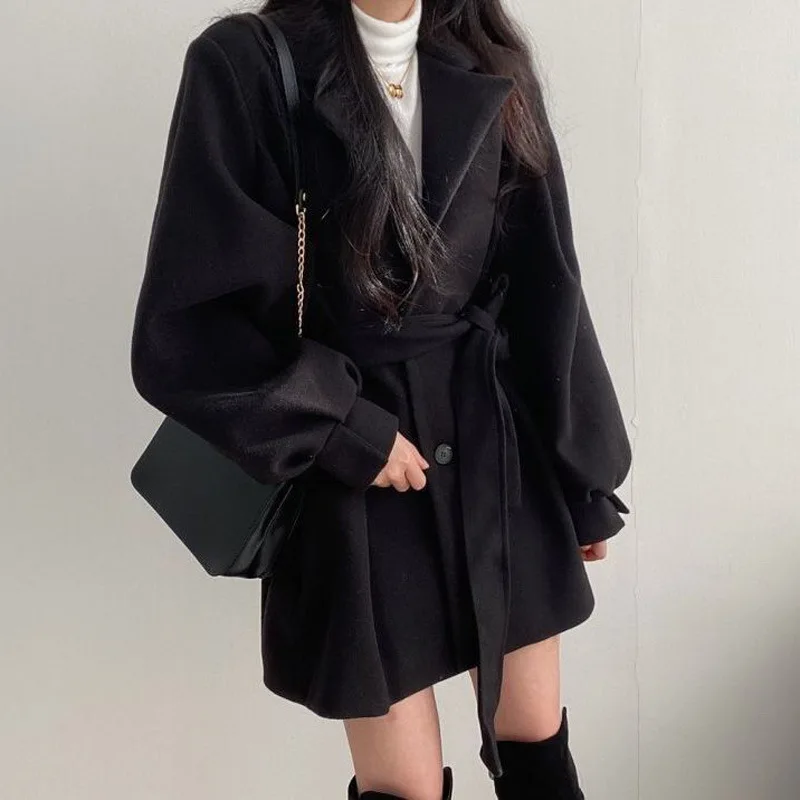 

Women Clothing Blend Coat Slim Fit Belt Jacket Coat Female Warm Cotton Thicker V-neck Lady Lantern Sleeve Trendy Button Outwear