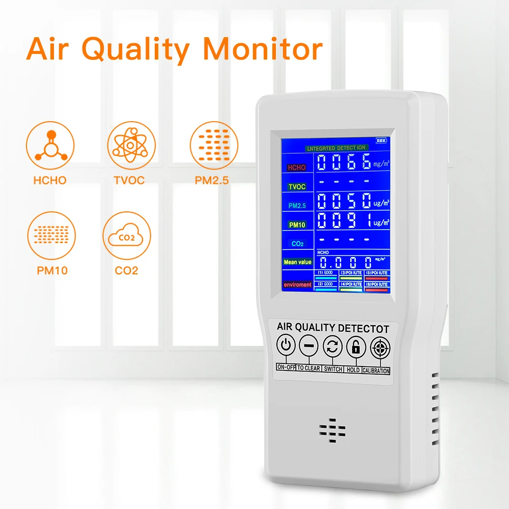 

Air Quality Monitor PM2.5 PM10 Formaldehyde HCHO TVOC CO2 LCD Digital Detector