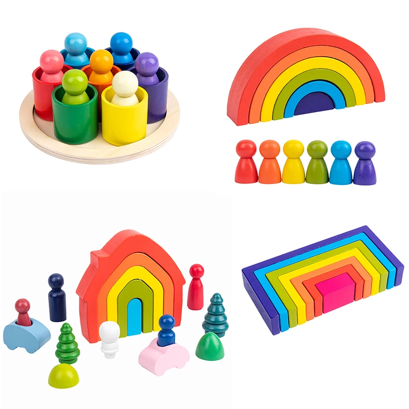 

Baby Toys Littel size Rainbow Building Blocks Wooden Toys For Kids Creative Rainbow Stacker Montessori Educational Toy Children