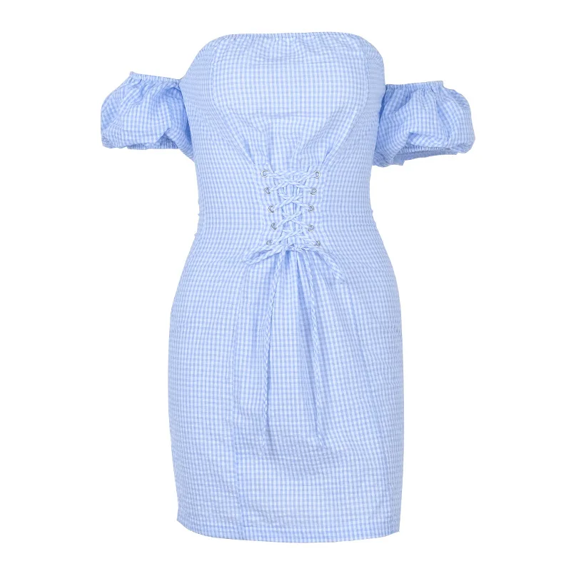 

Sweet Backless Women High Waist Lace Up Off Shoulder Bodycon Dress Elegant Fashion Short Sleeve Strapless Chest Wrapping Dress
